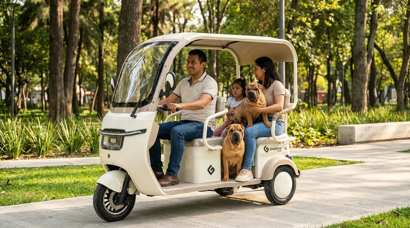 Familia en trimoto eléctrica GreenLine