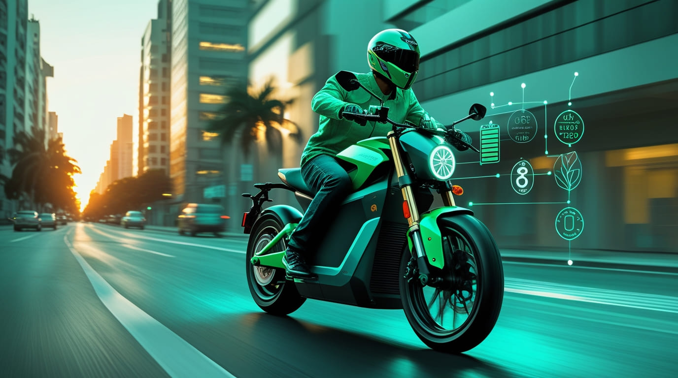 Motocicleta eléctrica Amazon GreenLine avanzando por Pucallpa, representando la movilidad sostenible en Perú
